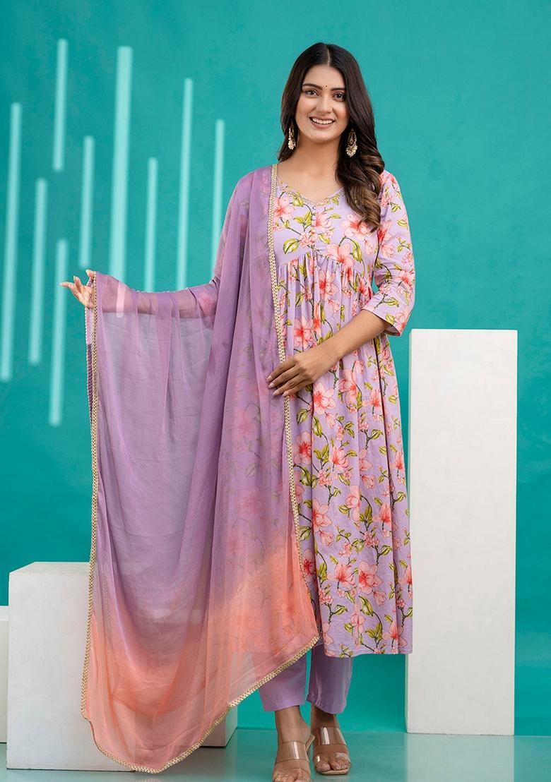 Lavender Printed Pure Cotton Anarkali Set With Dupatta