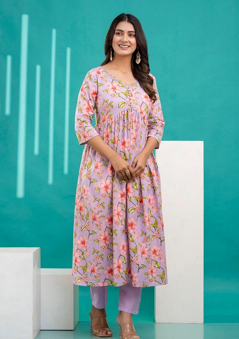 Lavender Printed Pure Cotton Anarkali Set With Dupatta