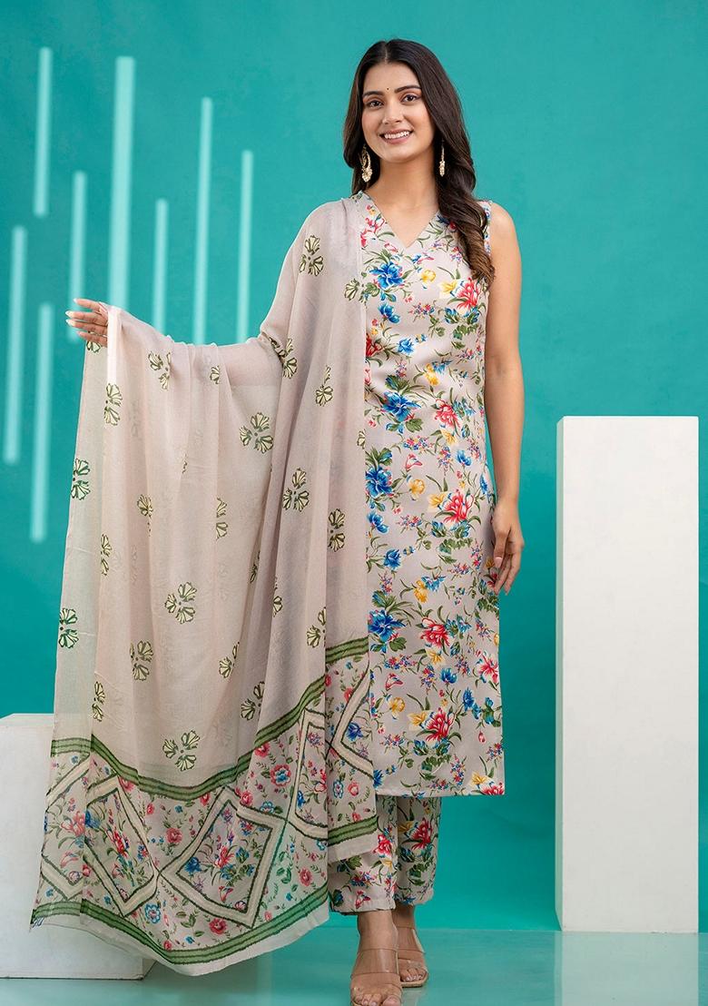 Beige Printed Cotton Salwar Kameez With Dupatta