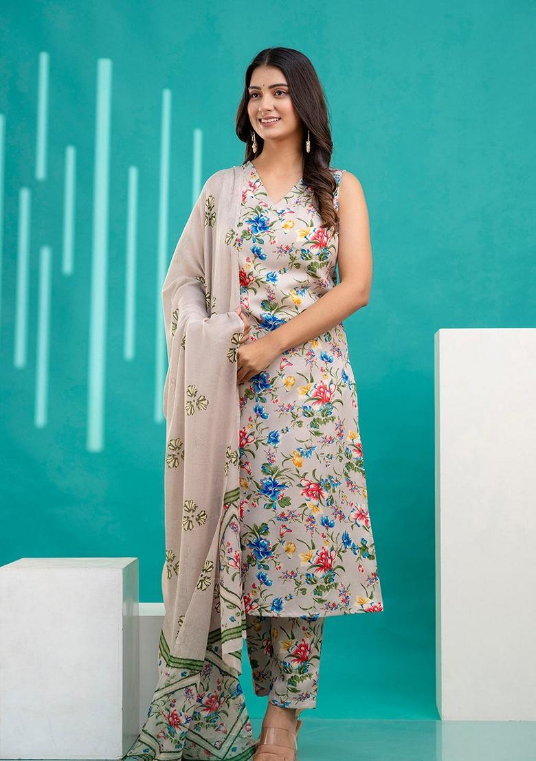 Beige Printed Cotton Salwar Kameez With Dupatta