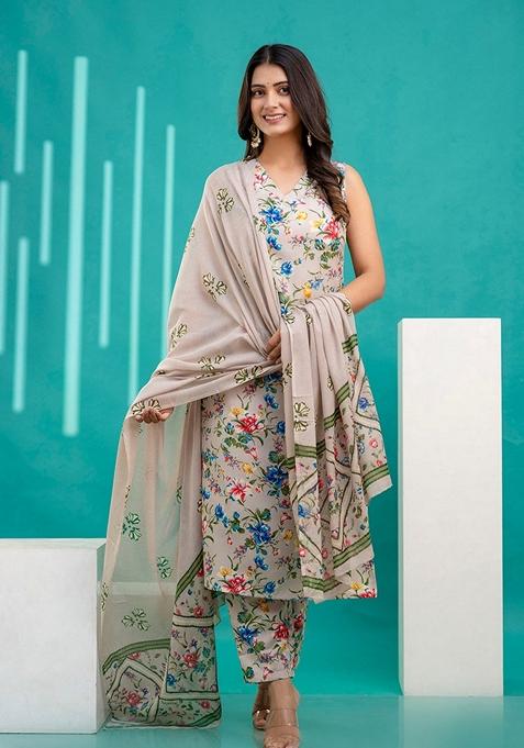 Beige Printed Cotton Salwar Kameez With Dupatta