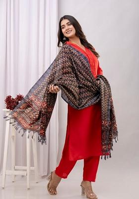 Red Printed Cotton Salwar Kameez With Dupatta