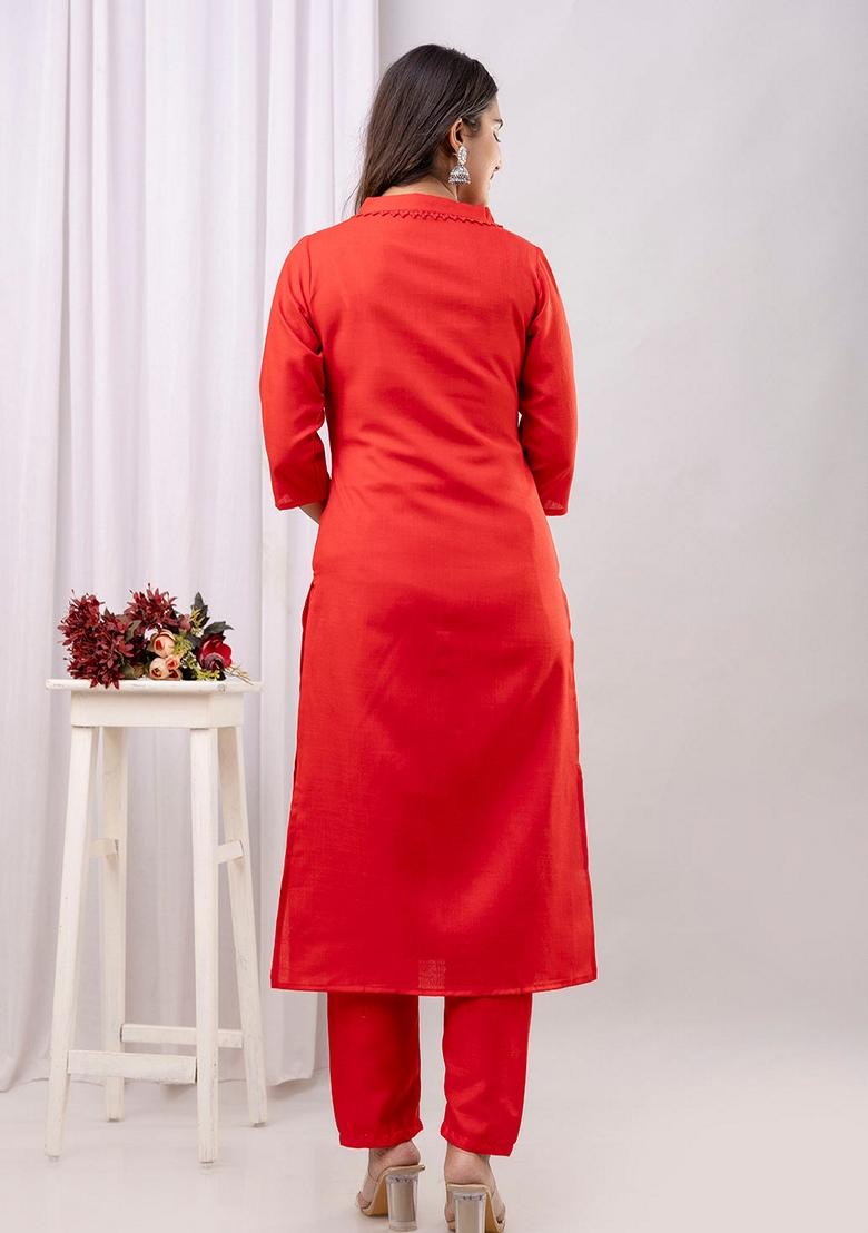 Red Printed Cotton Salwar Kameez With Dupatta