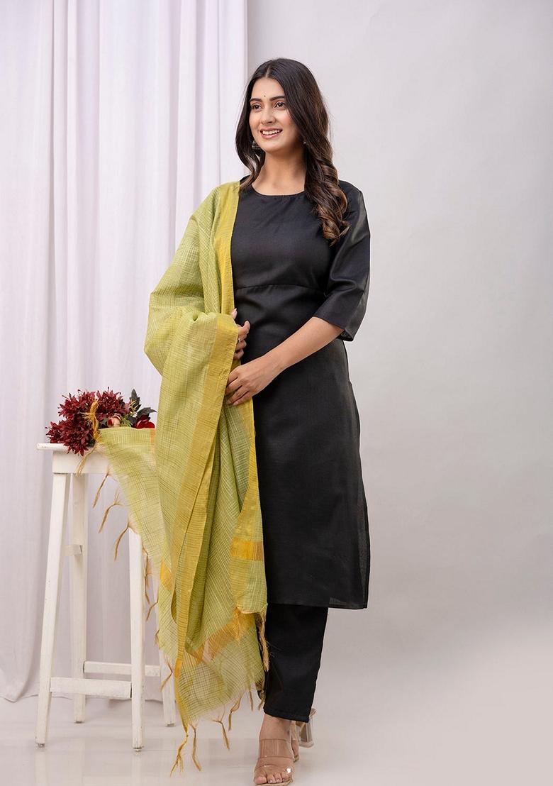 Black Printed Cotton Salwar Kameez With Dupatta