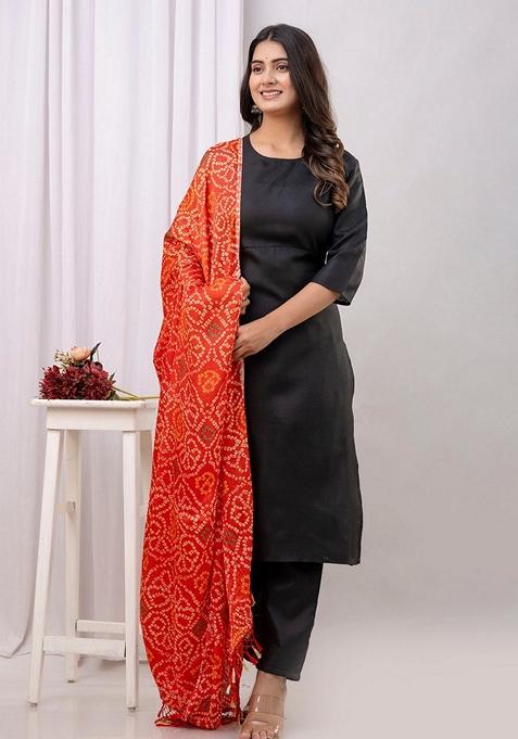 Black Printed Cotton Salwar Kameez With Dupatta