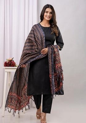 Black Printed Cotton Salwar Kameez With Dupatta