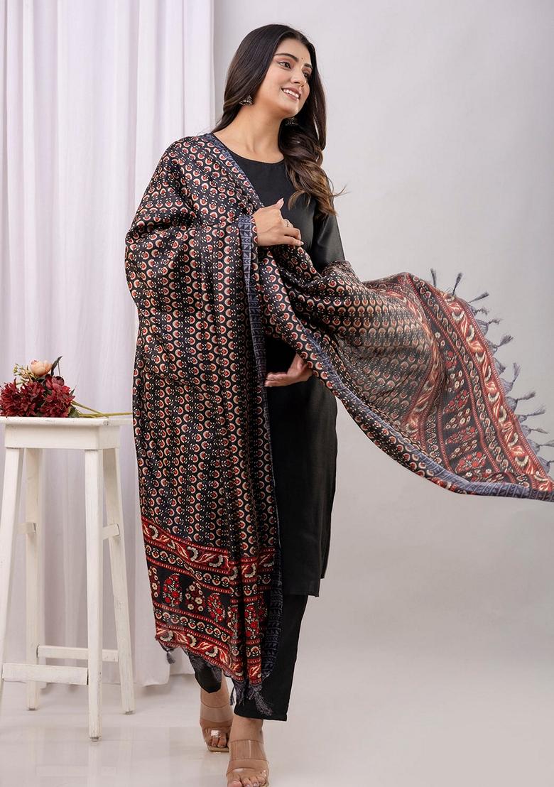 Black Printed Cotton Salwar Kameez With Dupatta
