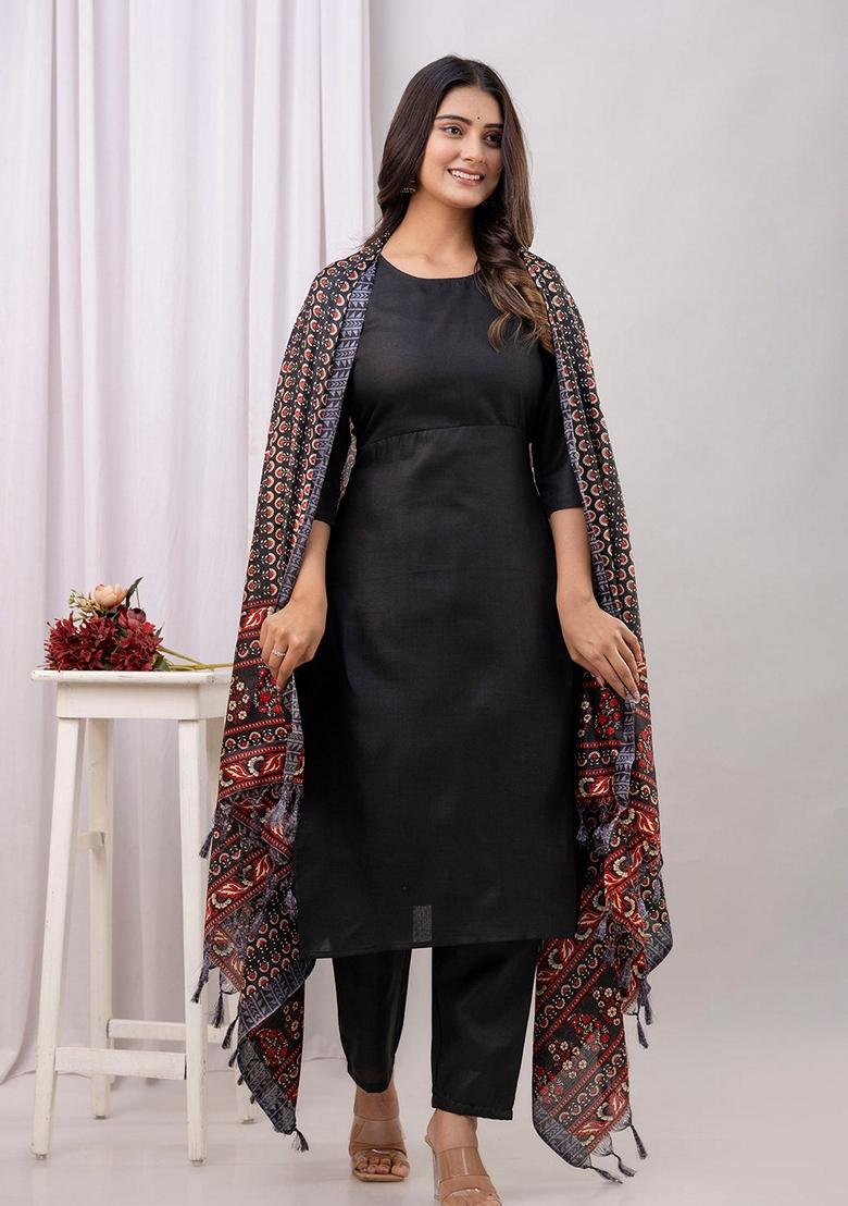Black Printed Cotton Salwar Kameez With Dupatta