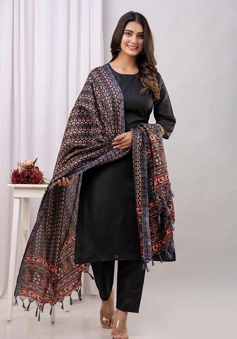 Black Printed Cotton Salwar Kameez With Dupatta