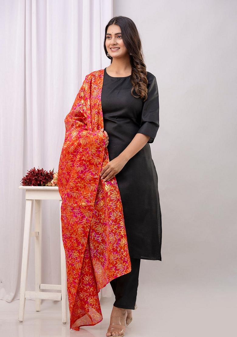Black Printed Cotton Salwar Kameez With Dupatta
