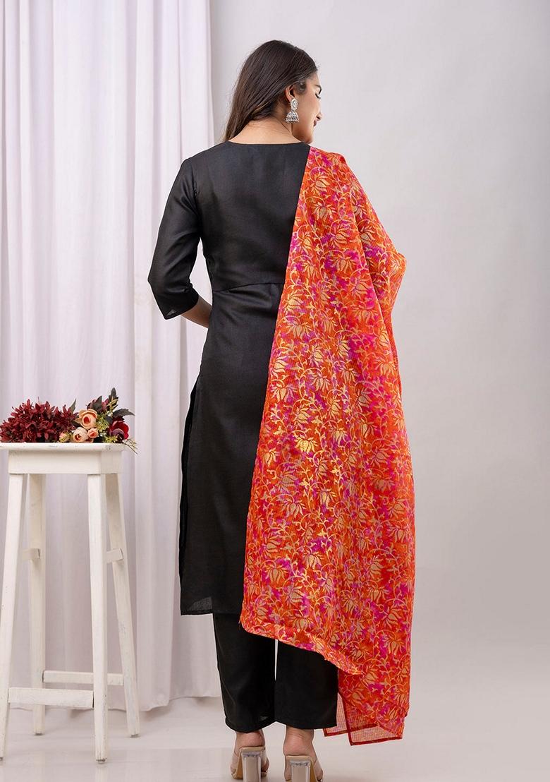 Black Printed Cotton Salwar Kameez With Dupatta