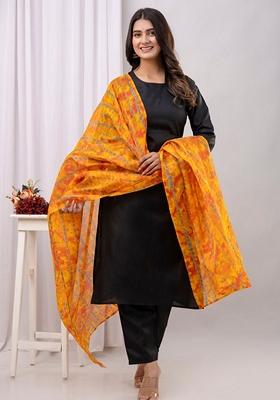 Black Printed Cotton Salwar Kameez With Dupatta