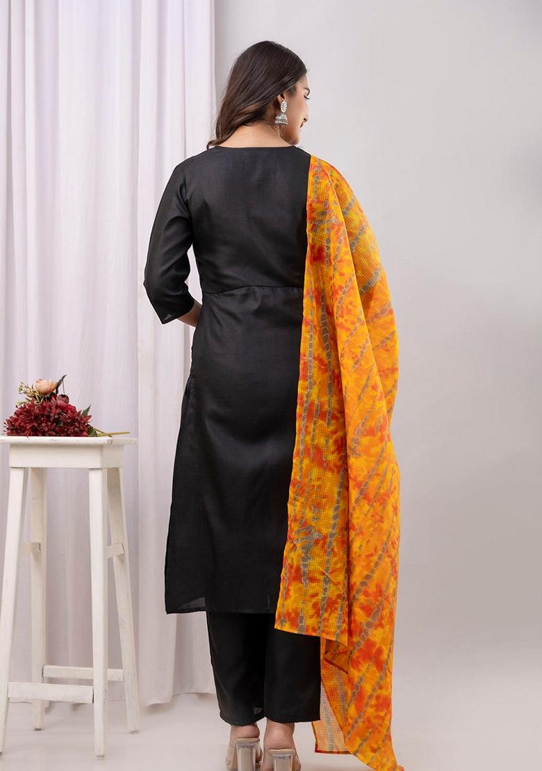 Black Printed Cotton Salwar Kameez With Dupatta