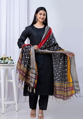 Black Printed Cotton Salwar Kameez With Dupatta