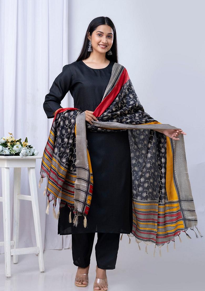 Black Printed Cotton Salwar Kameez With Dupatta