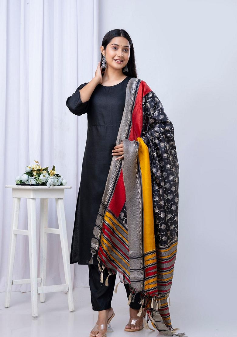 Black Printed Cotton Salwar Kameez With Dupatta