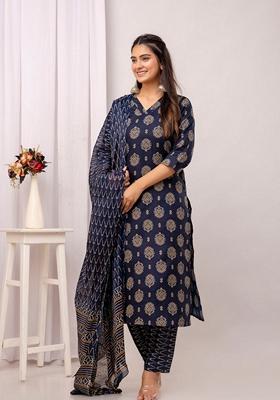 Navy Blue Printed Pure Cotton Salwar Kameez With Dupatta
