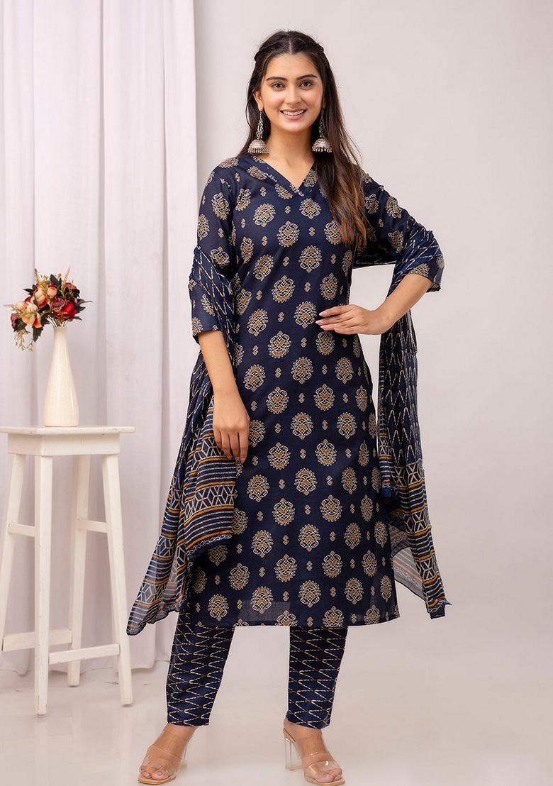 Navy Blue Printed Pure Cotton Salwar Kameez With Dupatta