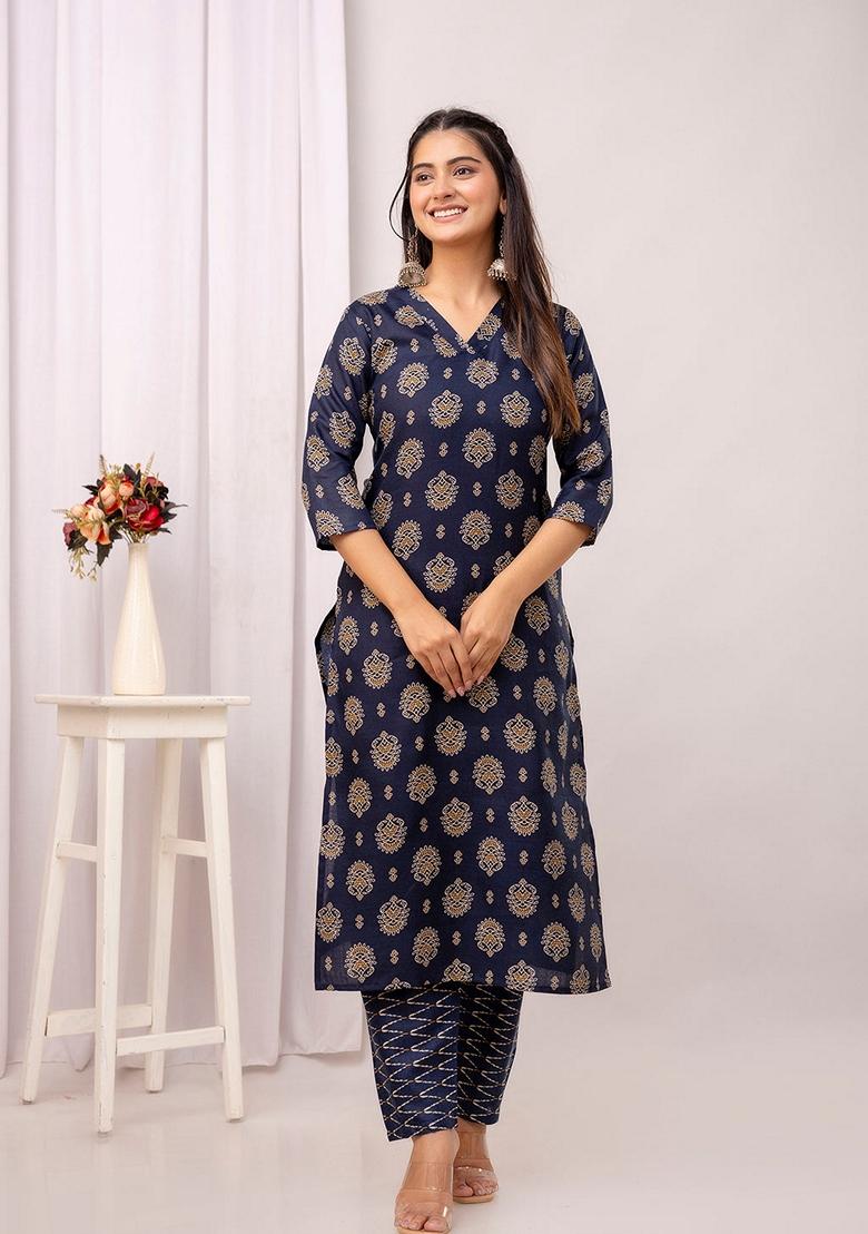 Navy Blue Printed Pure Cotton Salwar Kameez With Dupatta