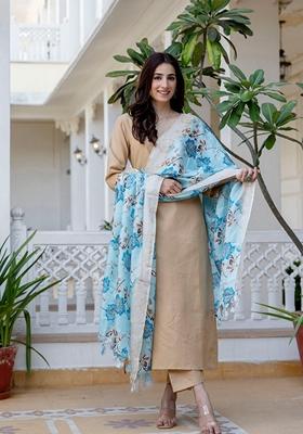 Beige Printed Cotton Salwar Kameez With Dupatta