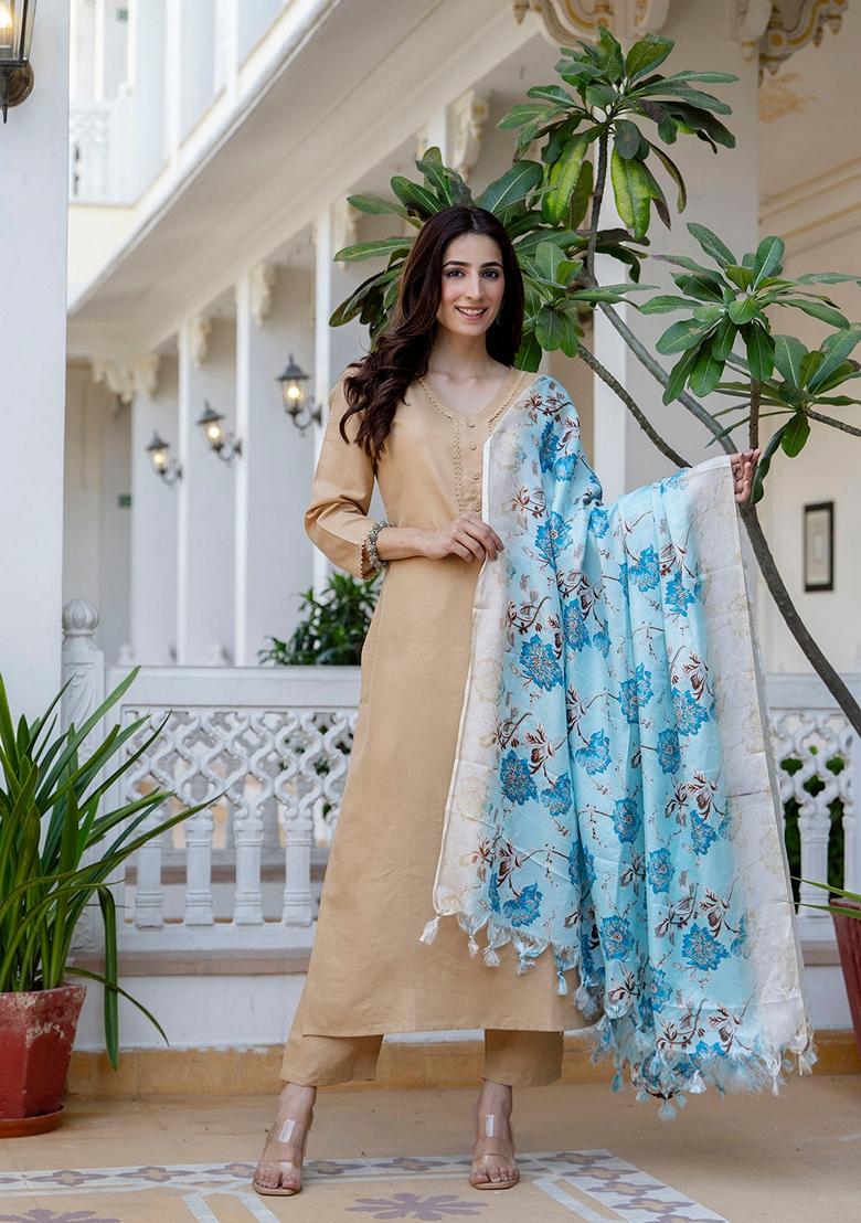 Beige Printed Cotton Salwar Kameez With Dupatta