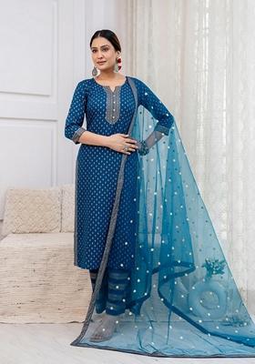 Blue Printed Rayon Palazzo Set With Dupatta