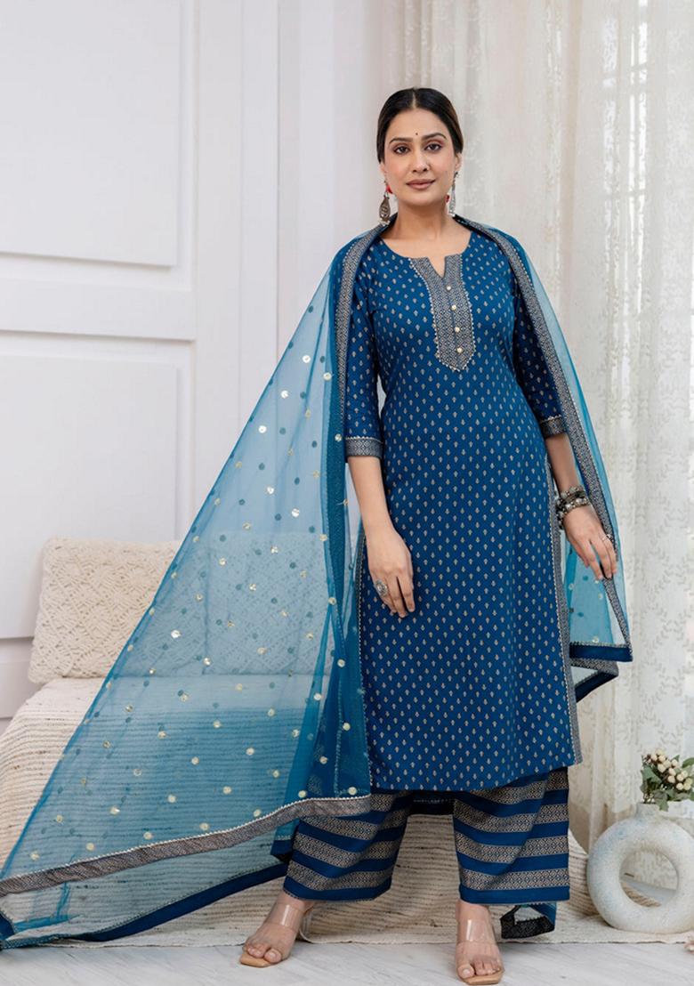 Blue Printed Rayon Palazzo Set With Dupatta