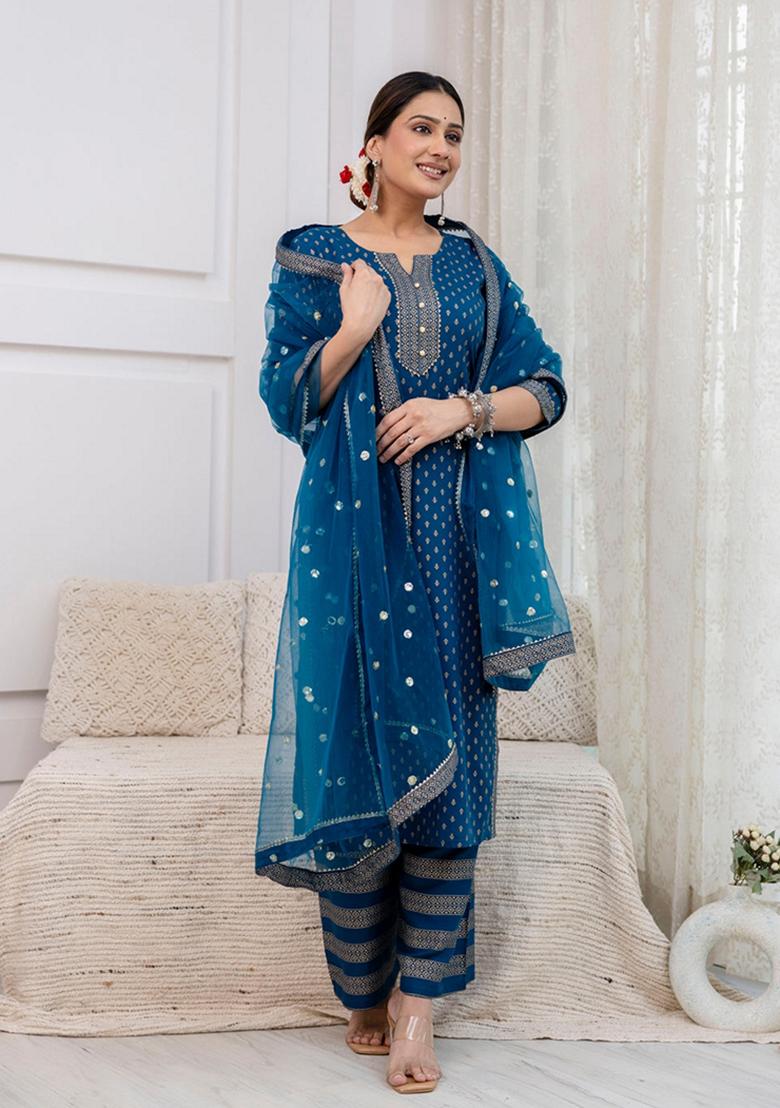 Blue Printed Rayon Palazzo Set With Dupatta