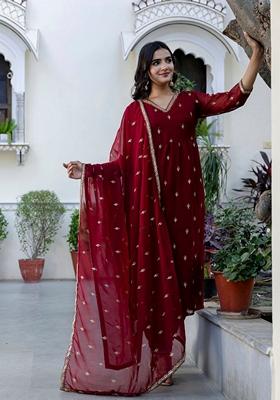 Maroon Embroidered Georgette Salwar Kameez With Dupatta