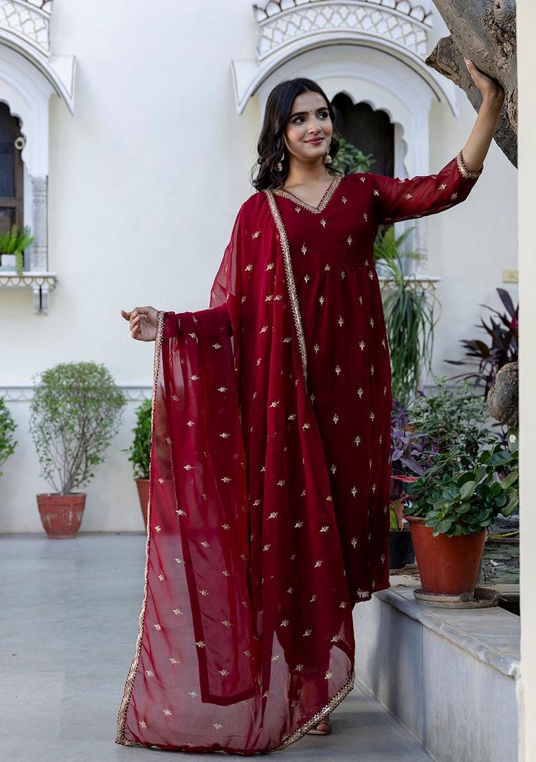 Maroon Embroidered Georgette Salwar Kameez With Dupatta