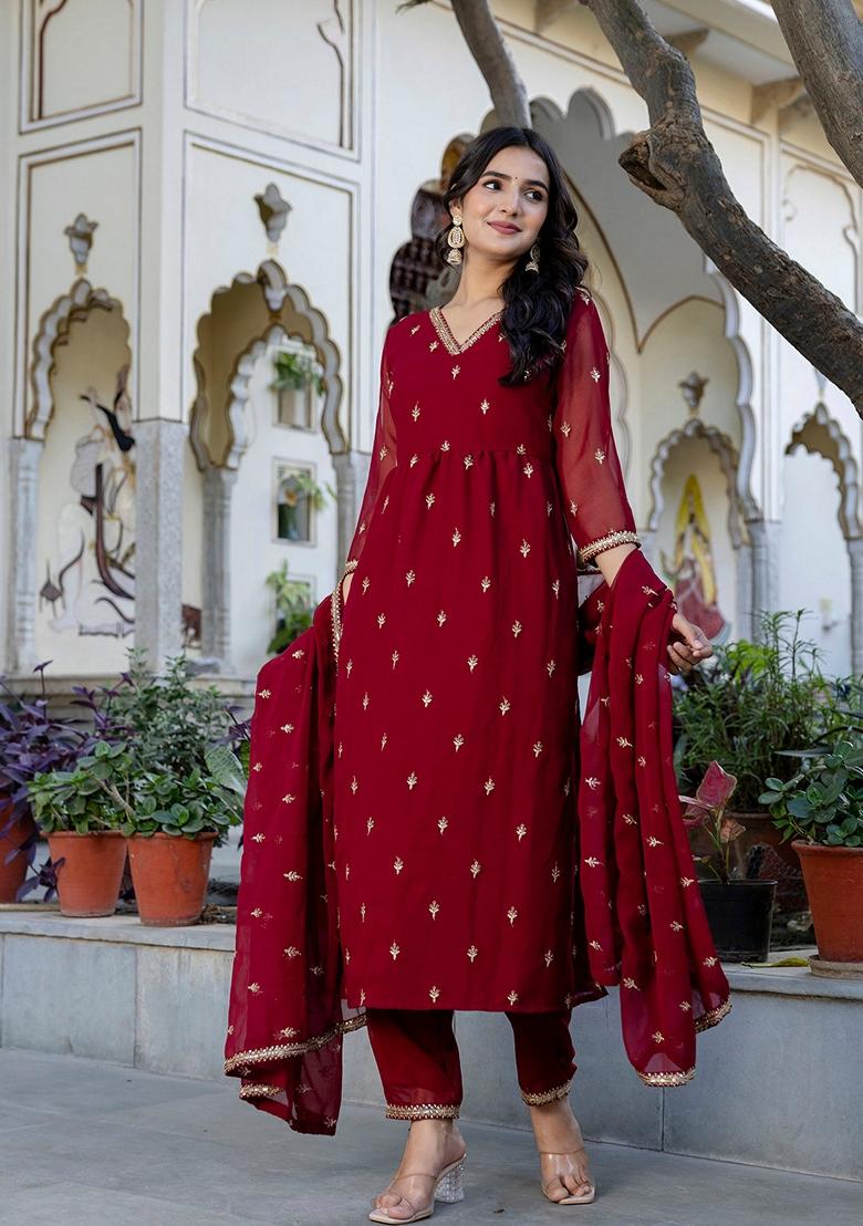 Maroon Embroidered Georgette Salwar Kameez With Dupatta