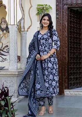 Black Printed Pure Cotton Salwar Kameez With Dupatta