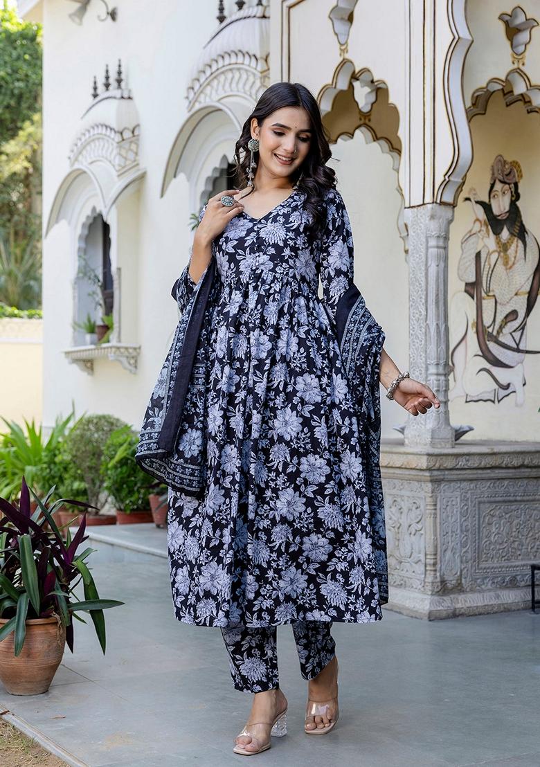 Black Printed Pure Cotton Salwar Kameez With Dupatta
