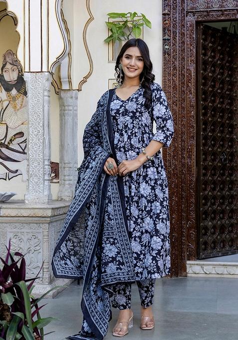 Black Printed Pure Cotton Salwar Kameez With Dupatta
