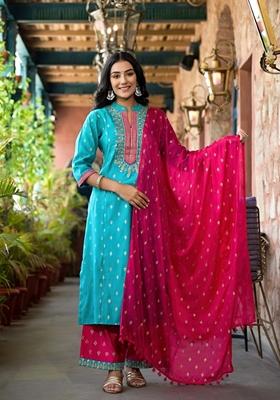 Blue Printed Rayon Salwar Kameez With Dupatta