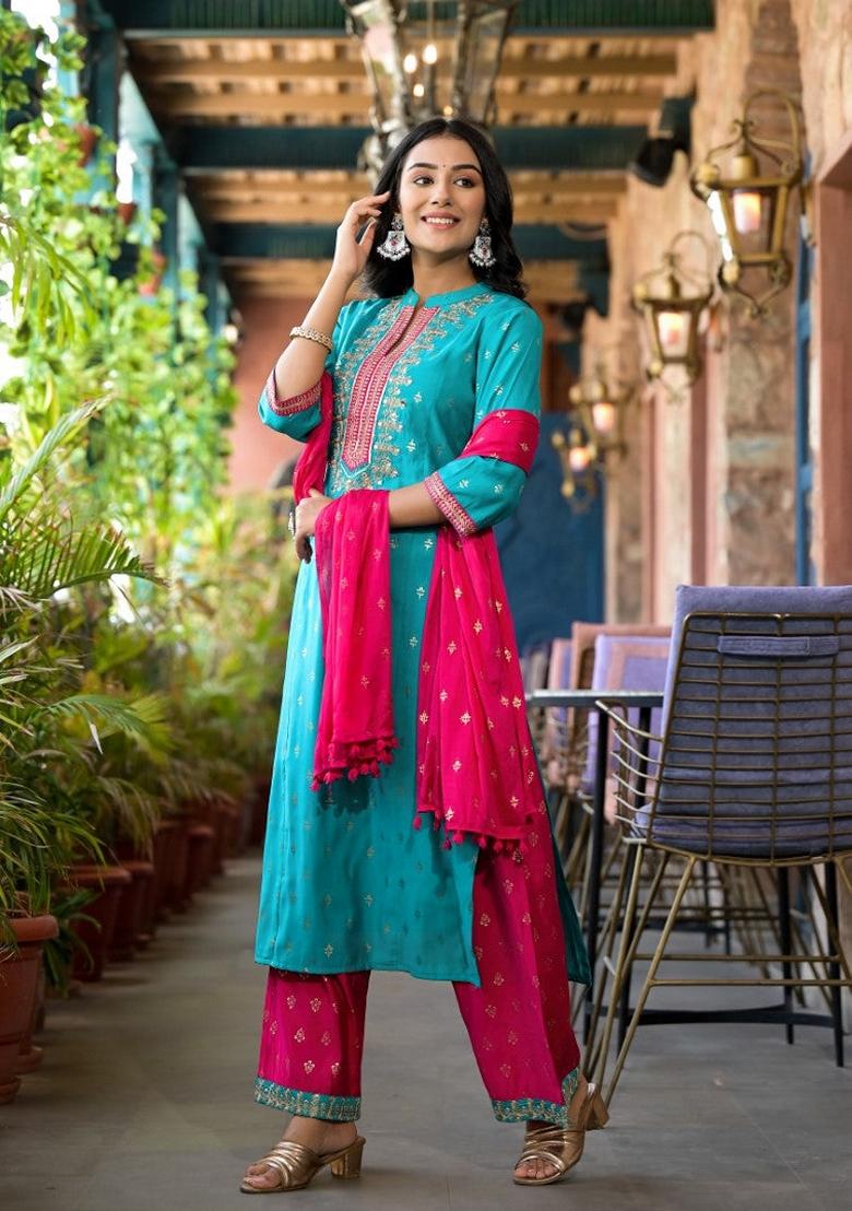 Blue Printed Rayon Salwar Kameez With Dupatta