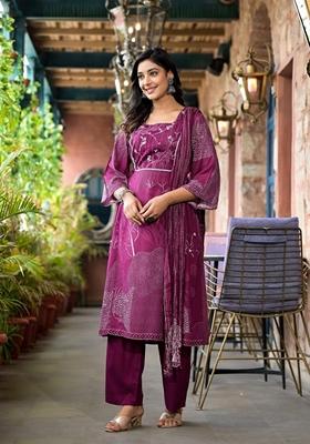 Maroon Printed Rayon Salwar Kameez With Dupatta