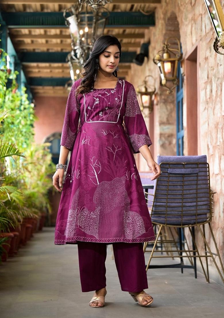 Maroon Printed Rayon Salwar Kameez With Dupatta