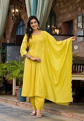 Yellow Embroidered Rayon Salwar Kameez With Dupatta