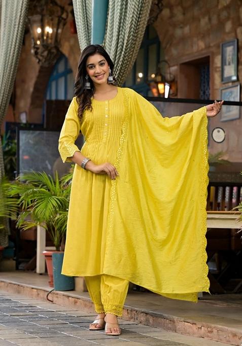 Yellow Embroidered Rayon Salwar Kameez With Dupatta