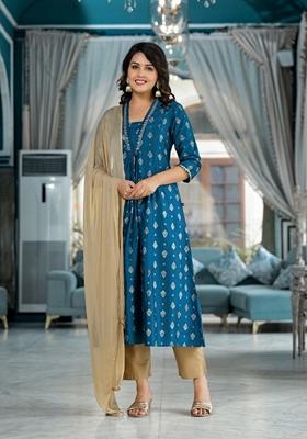 Blue Printed Cotton Salwar Kameez With Dupatta