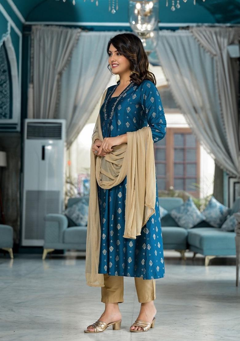 Blue Printed Cotton Salwar Kameez With Dupatta