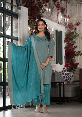 Blue Printed Cotton Salwar Kameez With Dupatta