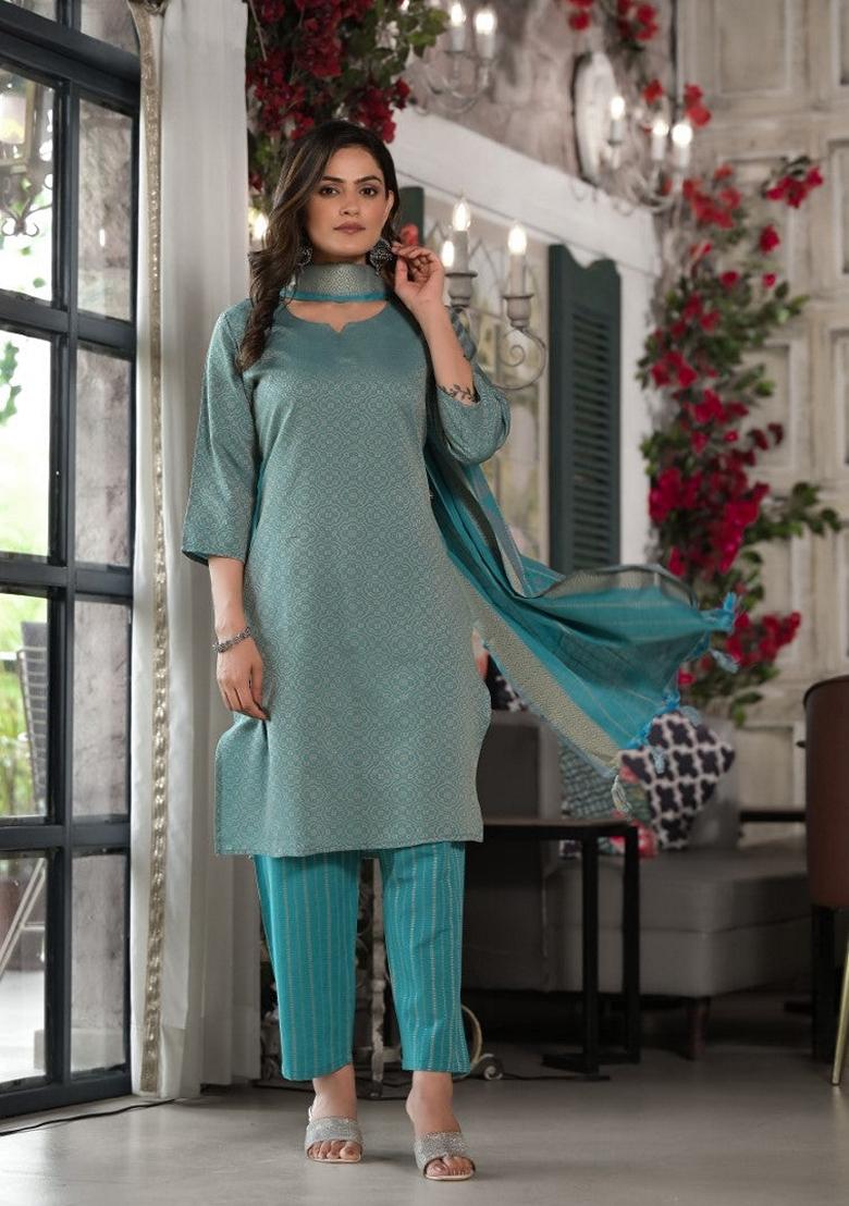 Blue Printed Cotton Salwar Kameez With Dupatta