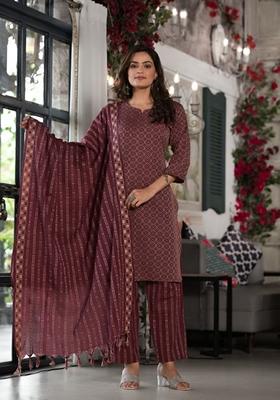 Purple Printed Cotton Salwar Kameez With Dupatta