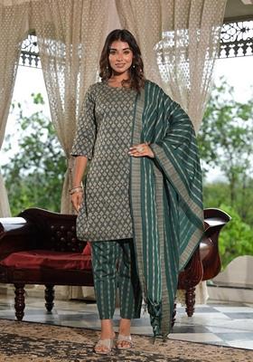 Green Printed Cotton Salwar Kameez With Dupatta