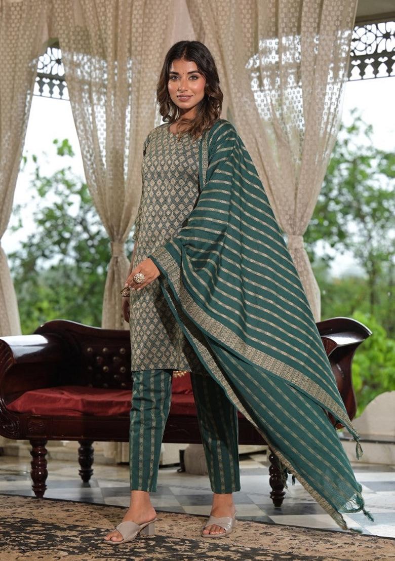 Green Printed Cotton Salwar Kameez With Dupatta