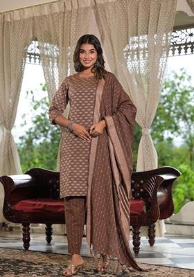 Brown Printed Cotton Salwar Kameez With Dupatta