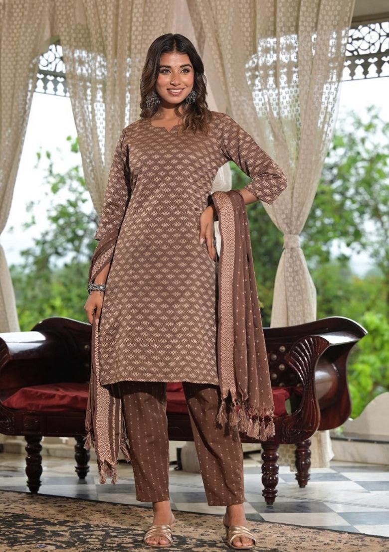 Brown Printed Cotton Salwar Kameez With Dupatta