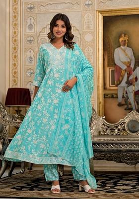 Green Printed Rayon Salwar Kameez With Dupatta